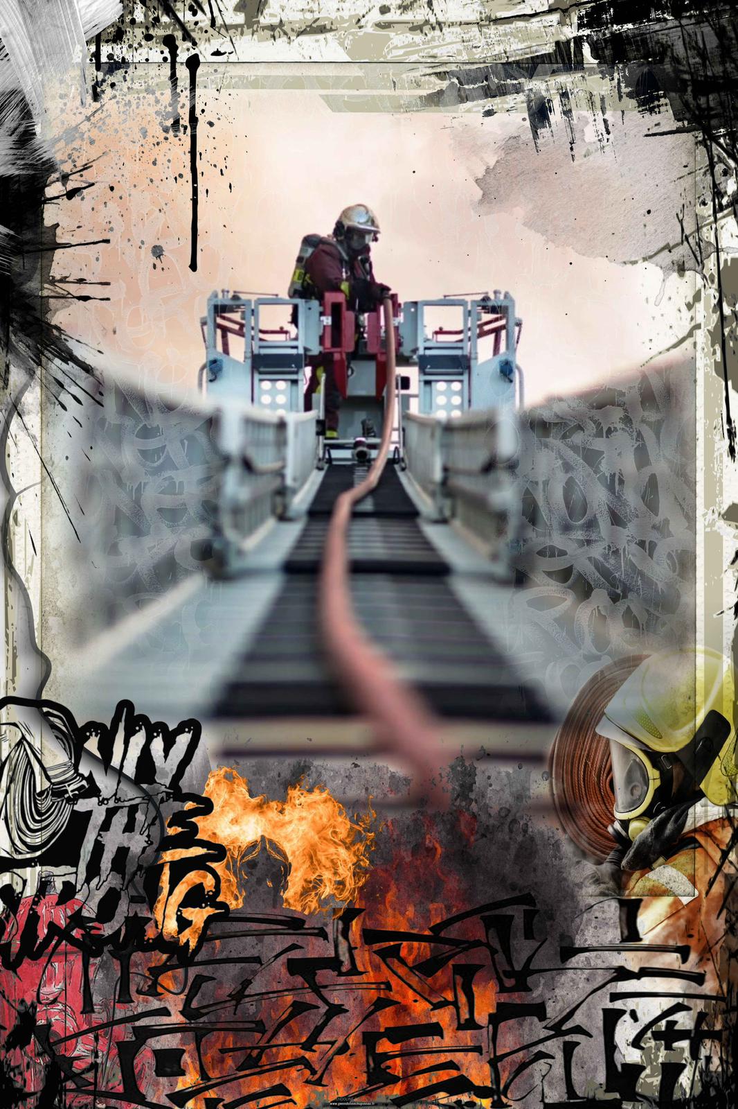 Instant suspendu : pompier sur échelle | Tableau FireSpirit by Doll'Art