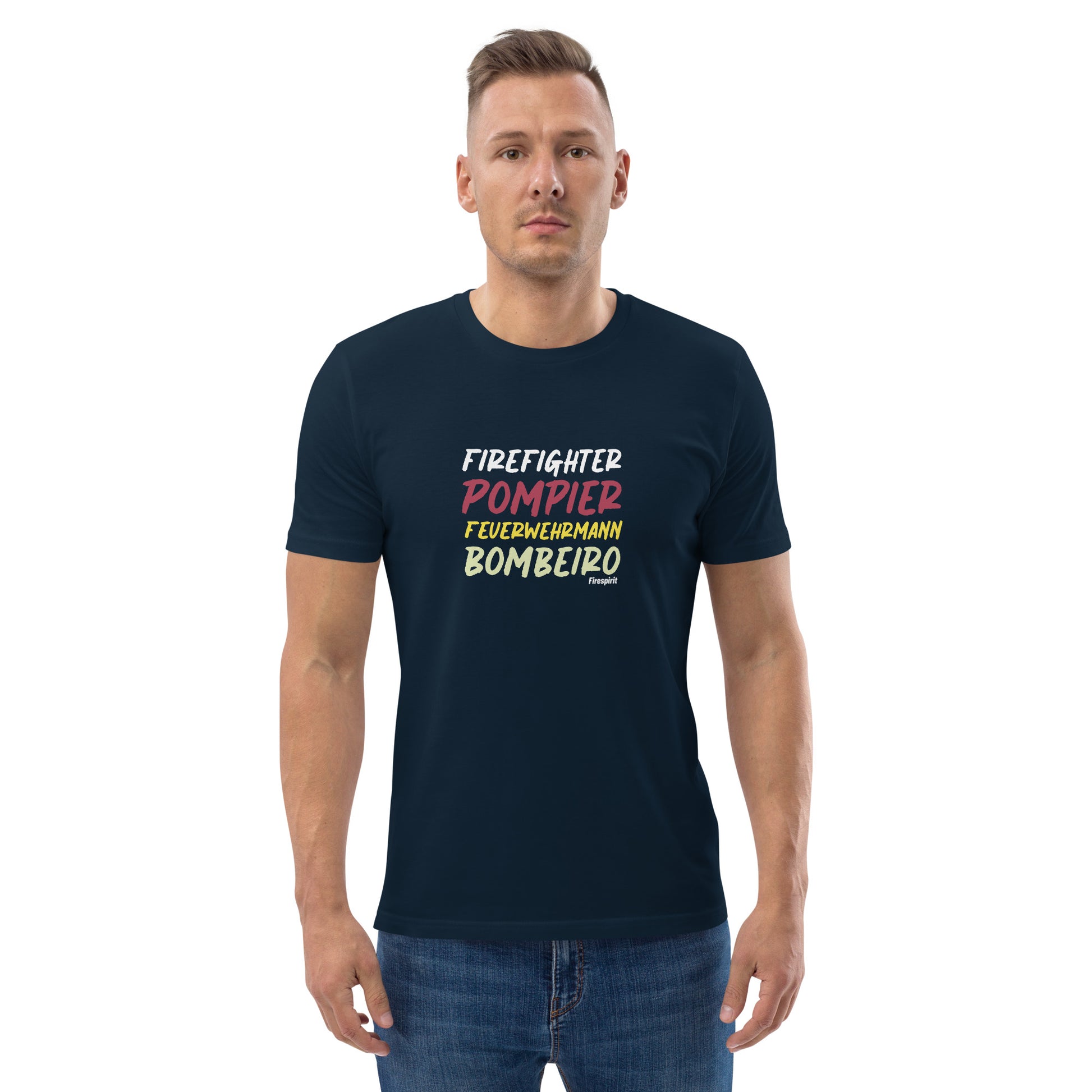 T-shirt unisexe en coton biologique Pompier, Bombeiros, Firefighter, Feuerwehrmann Bleu